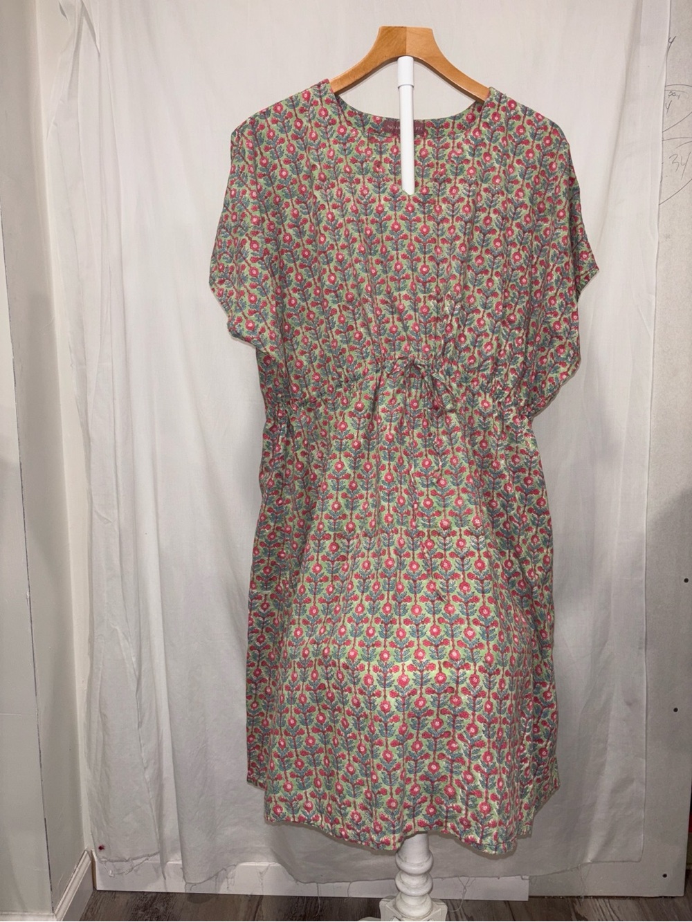 Farida Gupta Pink and Green Floral Drawstring Midi Dress